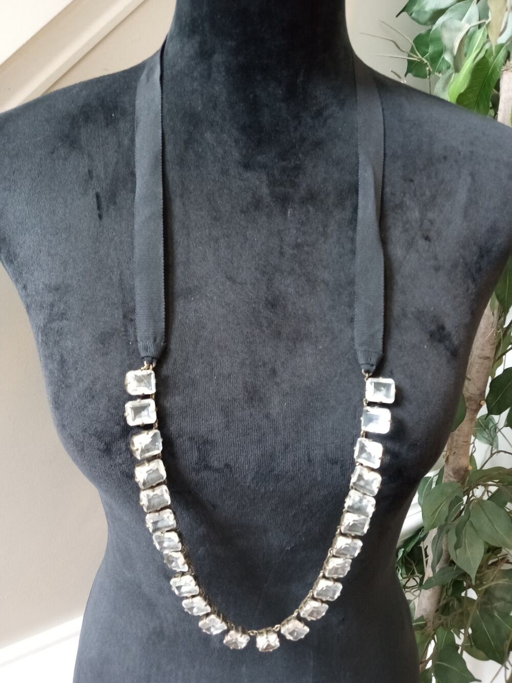 Black Ribbon Necklace Silver Tone Crystal Bar Statement Long Pendant Necklace